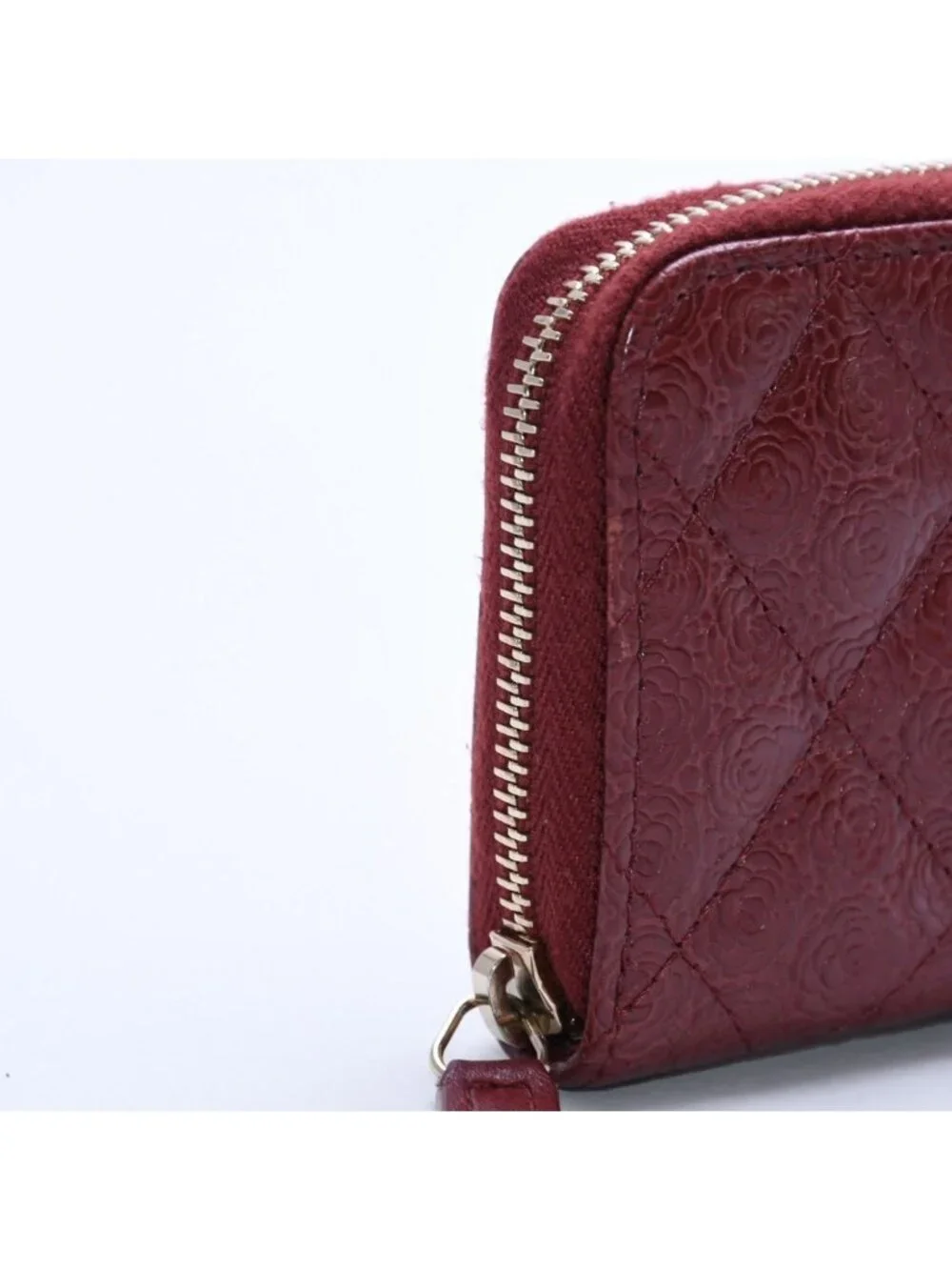 Chanel Camellia Embossed Quilted Zip Around Coin Purse Calfskin CC Logo